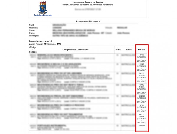 Atestado de Matrícula - Horário